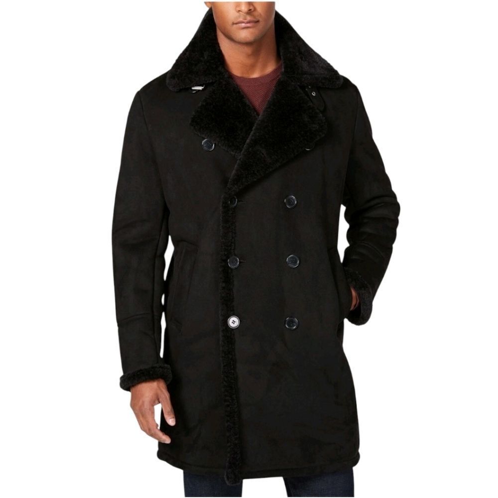 GUESS Men's Black Faux-Shearling Double-Breasted Overcoat Size S